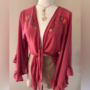 Embroidered Red Tie-Front Blouse